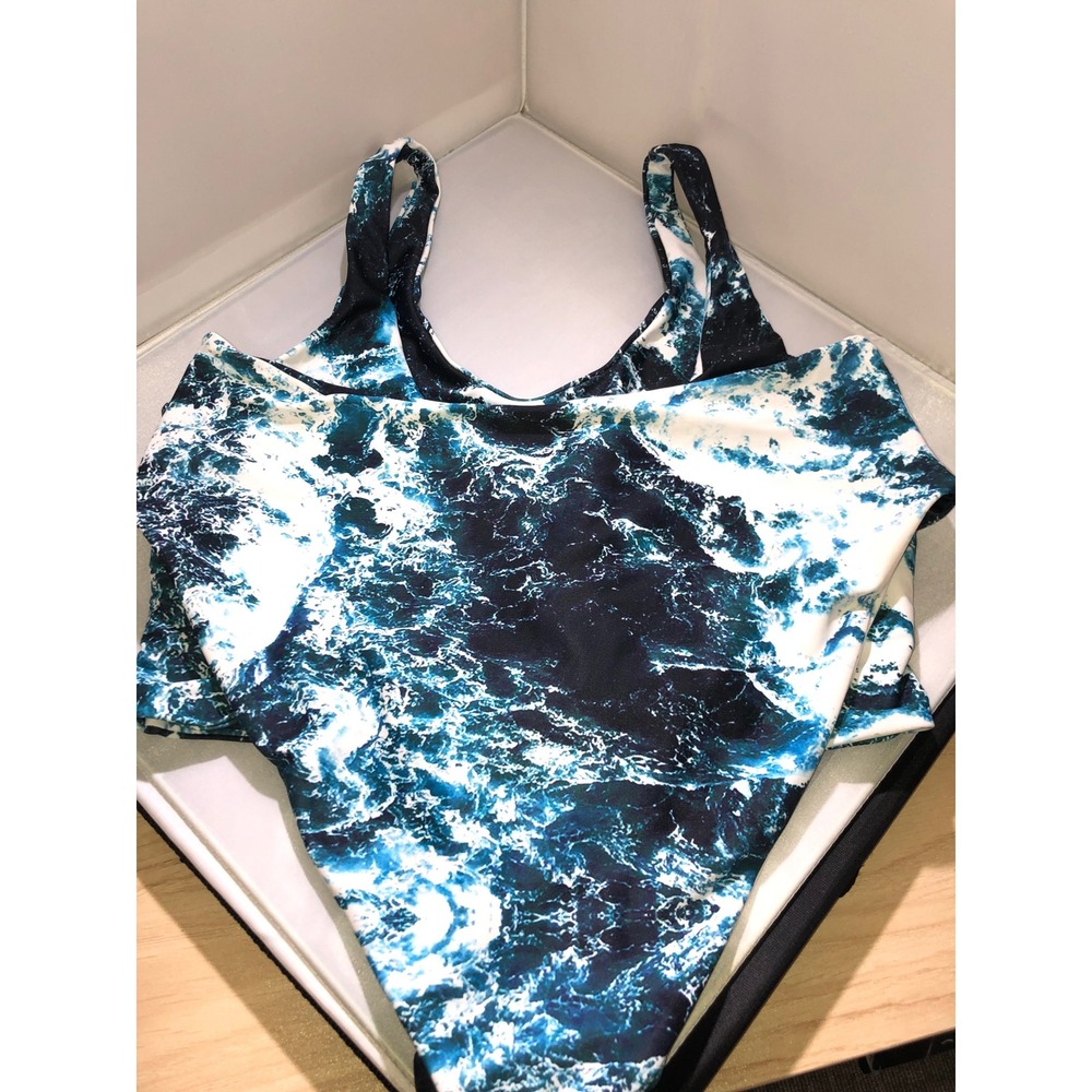 Zaful Womens Ocean Wave Print Bikini Set Blue White Front Knot High Waist Size M